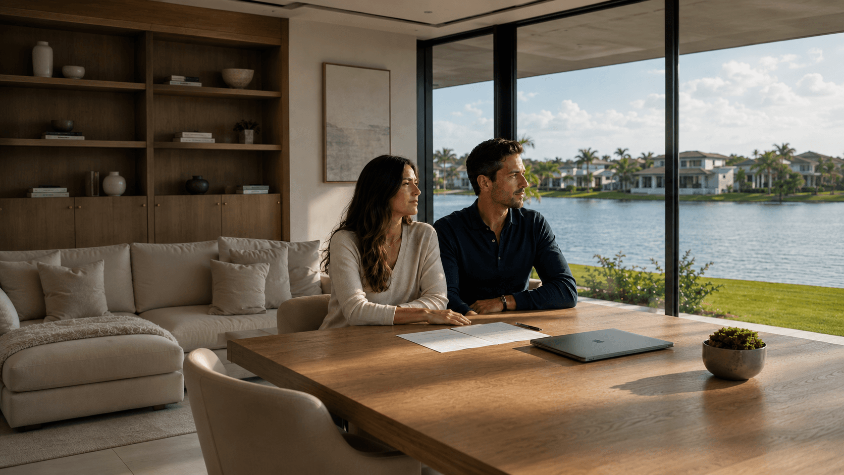 Casal brasileiro em ambiente premium, representando uma vida construída entre o Brasil e os Estados Unidos